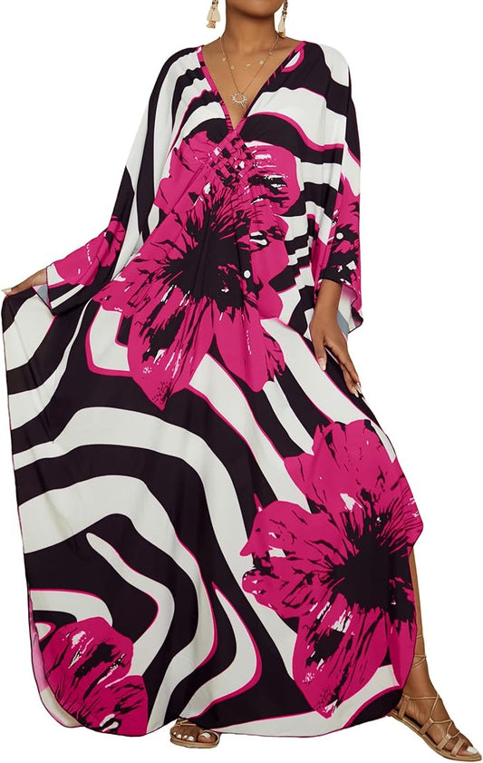 Bsubseach Kaftan Dresses for Women Floral Print Plus Size Beach Cover Up | Lightweight V Neck Loose Fit Boho Dress, Batwing Sleeve Side Slit, Moo Moos for Women Home Loungwear Cruise Resort Wear