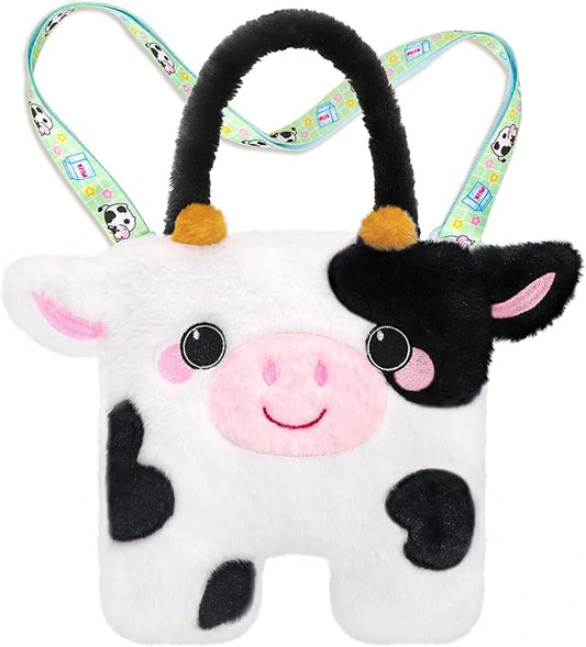 Cow Plush Bag Crossbody Bag for Kids, Plush Handbag Tote Bag with Adjustable Strap,Soft Plush Cow Stuffed Purse with Zipper,Coin Pouch Accessories for Toddlers Kids