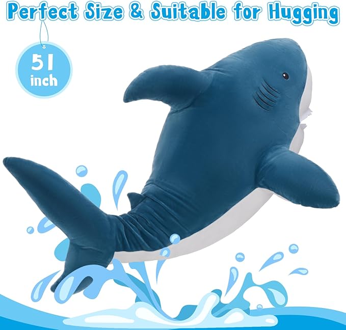 MaoGoLan 51”Giant Shark Stuffed Animal, Large Shark Plush Pillow for Kids Boys Girls,Big Stuffed Shark Toy Gift for Special Day,Blue
