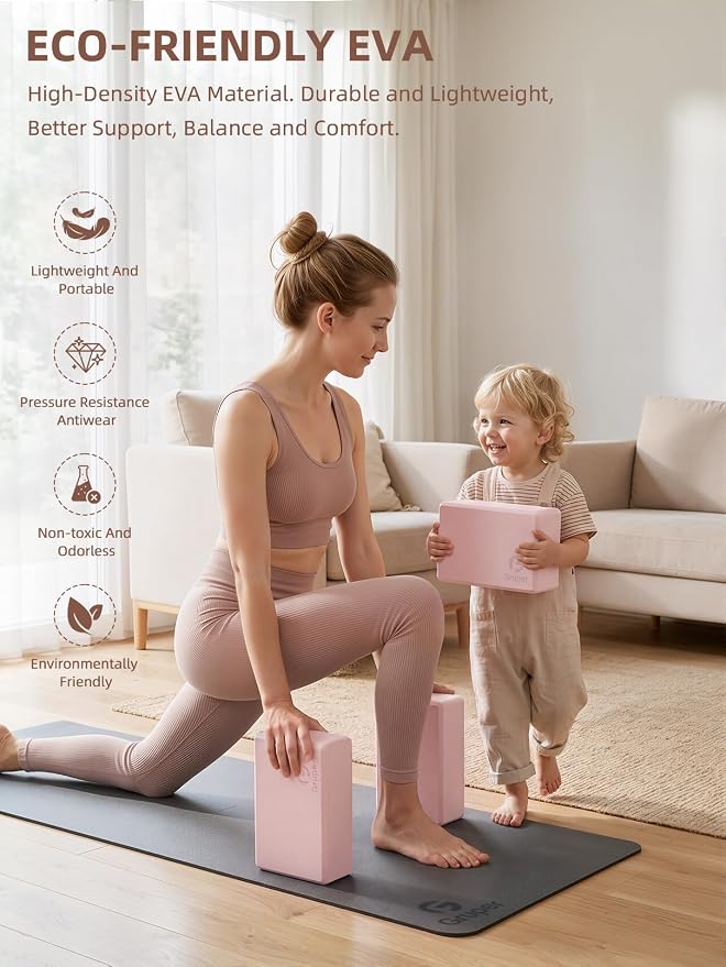Gruper Yoga Blocks 2 Pack, 9"x6"x3" Exercise Blocks High-Density EVA Foam Blocks with Soft Non-Slip Surface, Lightweight Yoga Props for Yoga Pilates Meditation & Stretching