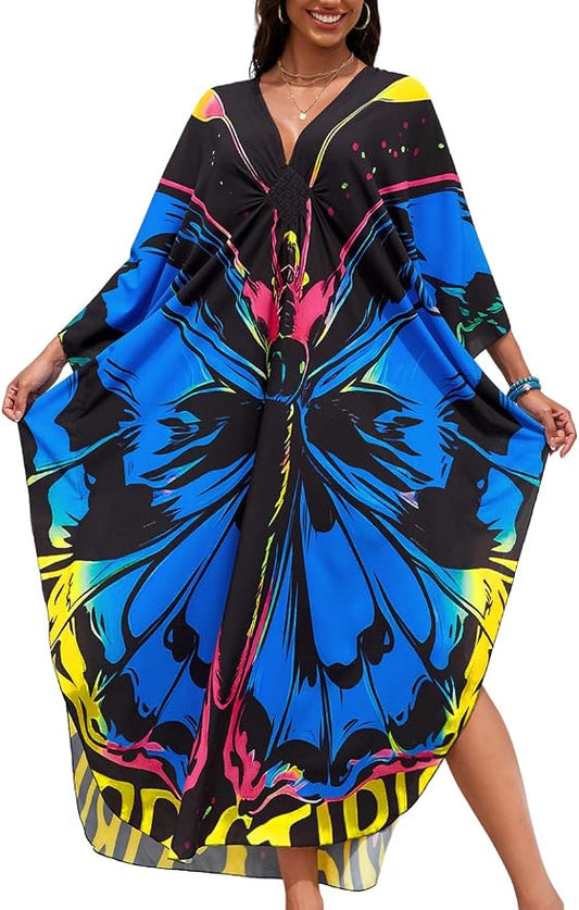ChiaoLezhee Print Moo-Moos for Women, Kaftan Cover-Up Dresses, Sexy V-Neck High-Slit, Beach Pool-Party Coverups Muumuu Plus