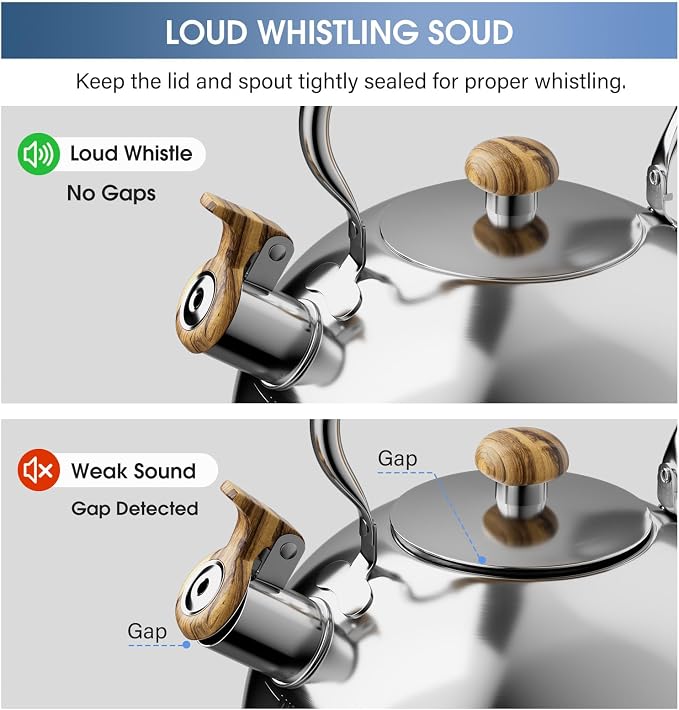 2.6 Quart Whistling Tea Kettle for Stovetop, Silver | Food Grade Stainless Steel with Cool Wood Pattern Handle, Induction Compatible