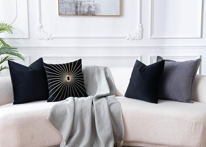 JUSPURBET 16x16 Decorative Velvet Throw Pillow Covers Cases Set of 2,Black | Modern Soft Cushion Covers Cases with Hidden Zipper for Couch Sofa Bed Living Room Bedroom Halloween Decor