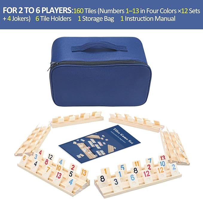 Rummy Cube 6 Player Edition with 6 Wooden Holders, 160 Large Numbers Rummy Tiles Set with Carrying Bag, Rummy Travel Game Set with 6 Tiles Racks