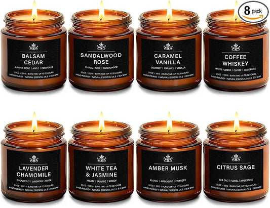 8 Pack Soy Wax Scented Candles Gift Set, Aromatherapy Candles with Lavender Chamomile, Citrus Sage, Caramel Vanilla, Coffee Whiskey, Long Lasting Stress Relief Candle, Unisex Home & Gift Set for Men