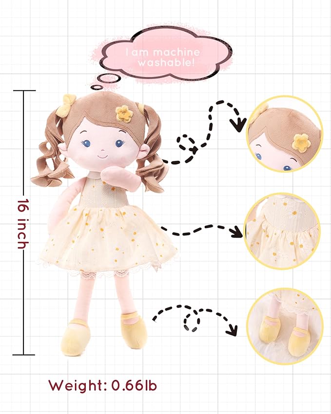 Soft Baby Doll Toys (16''), My First Baby Rag Doll for 1 Year-Old Girl Birthday Gift, Christmas Plush Toys Gift for Toddler Kids Infants-Daydream-Daisy-Girl-Yellow