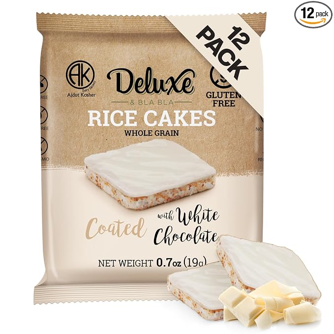 Deluxe & Bla Bla Chocolate Covered Rice Cakes 12 Pack – Whole Grain, Gluten-Free, Kosher, Low-Calorie Snack – Coated with White Chocolate – Healthy & Crunchy Treat – Individually Wrapped, (19g Each)