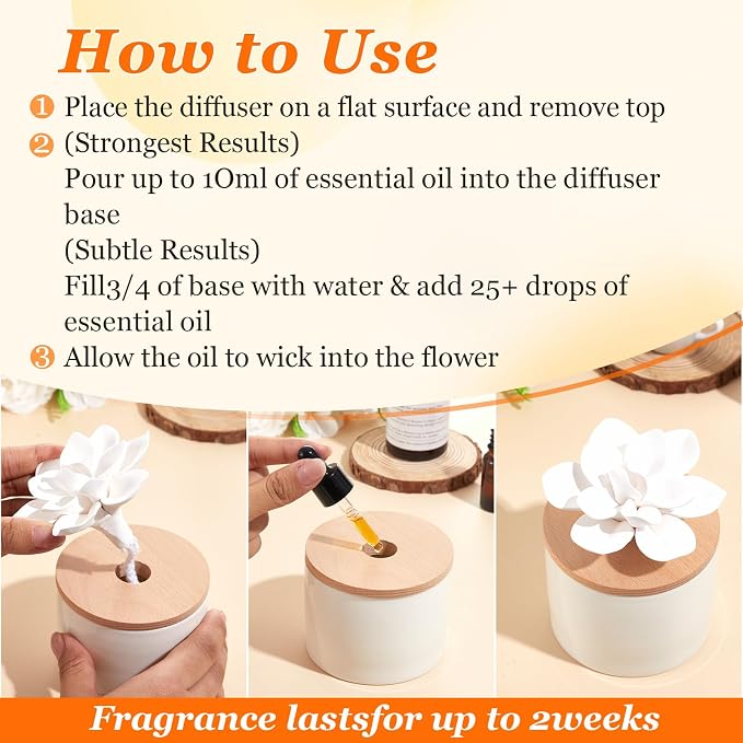 Honeydak 2 Pcs Ceramic Essential Oil Diffuser, Non Electric Reedless Passive Porcelain Flower Aromatherapy Diffuser, Decorative Floral Design Tabletop Office Home Bathroom Decor (Water Lotus)