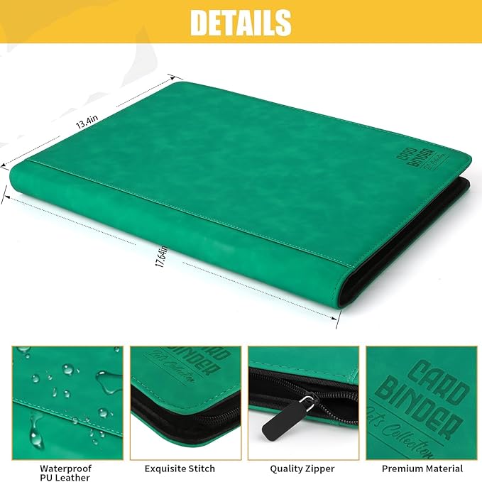 Arkeiliy Premium Ringless Trading Card Binder - 1024 Capacity, 16 Side-Loading Pockets per Page, Archival Quality Protection & Anti-Slip Spine for TCG, MTG, Sports Cards (Emerald)