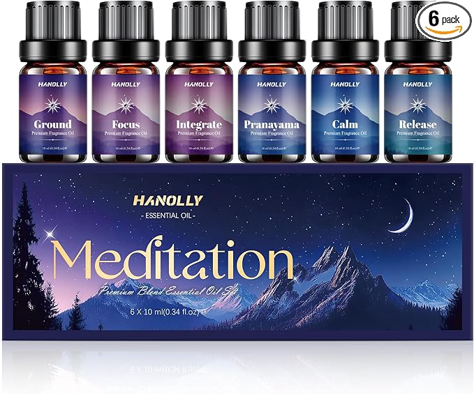 Meditation Essential Oils Set - Top6 Fragrance Oil Aromatherapy Essential Oils Kit for Diffuser, Waterless Diffuser, Candle Making - Ground, Calm, Pranayama, Focus, Release, Integrate Scents