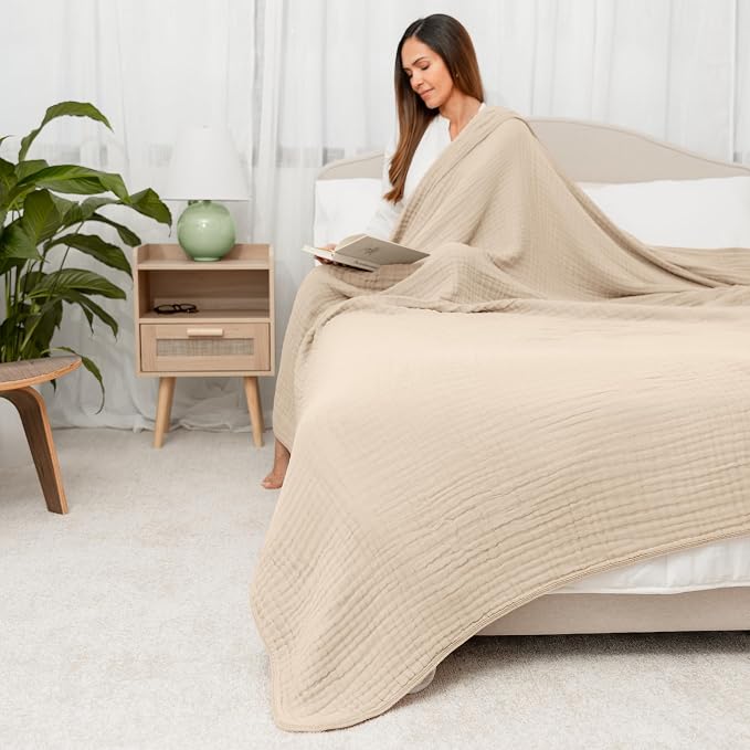 Comfy Cubs Adult Muslin Blanket 90x90” Queen Swaddle Blankets, Sand | 6 Layer Soft, Breathable & Lightweight Muslin Adult Blanket - Machine Washable & Designed in the US Bedding for All Seasons