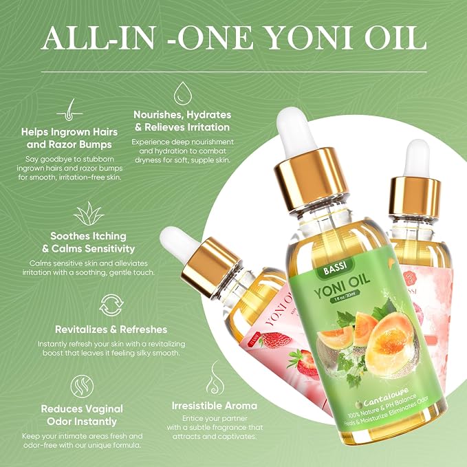 BASSI 3 PCS Natural Yoni Oil for Women -Feminine Oil Vaginal Moisturizer - Reduces Odor, Restores pH Balance, Helps with Vaginal Itch, Herbal Yoni Blend with Strawberry Peach Hami Melon