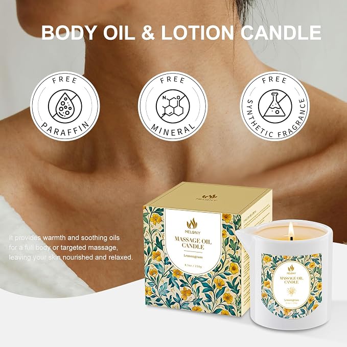 MELONY Massage Candle | Gentle Softening for Nourished, Hydrated, Balanced Skin | 230 g / 8.1 oz (Lemongrass)