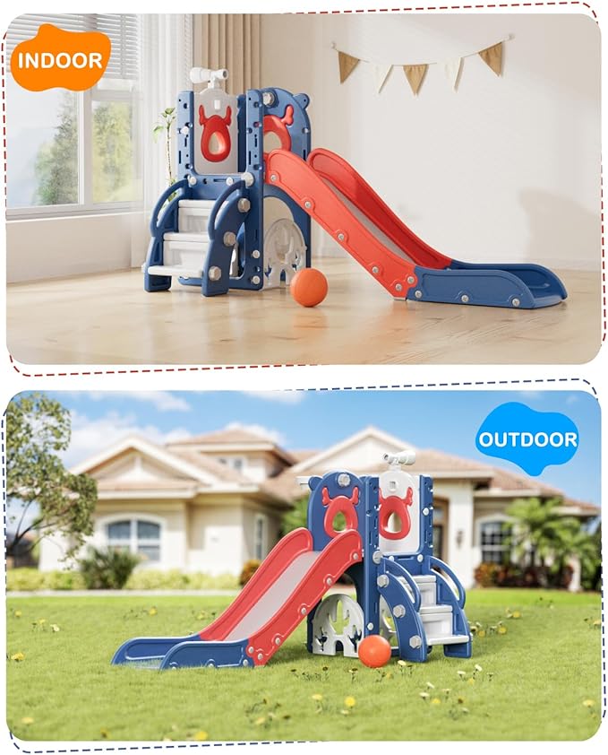YUFU 7 in 1 Kids Slide for Toddlers, Toddler Slide Playset with Golf, Climber, Basketball Hoop and Ball, Indoor Outdoor Toddler Playground for Kids Age 1-3 (Blue Red)