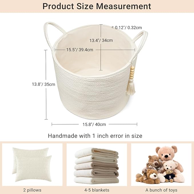 Mkono Woven Storage Basket for Blanket, Toys Plant Organizer, 16"W x 13.8"L | White, Cotton, Decorative Basket with Handle, Wood Beads Tassel, Shoes Towel Clothes Storage Bin, Living Room Bedroom Nursery