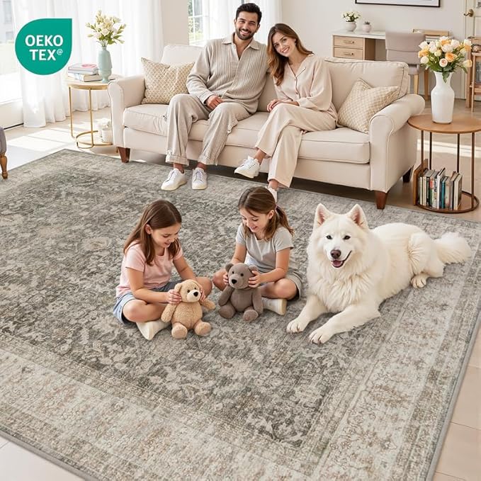 8x10 Area Rugs for Living Room: Vintage Boho Neutral Washable Rug Indoor Soft Large Area Rug Carpet for Bedroom Nursery Farmhouse Dining Room Office Floor Non-Slip Low Pile Under Table Rug Warm Taupe