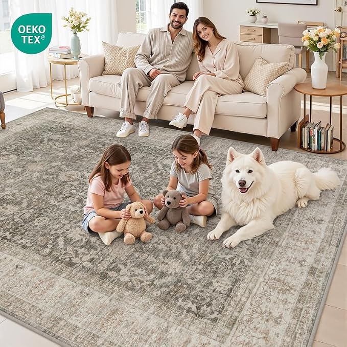 5x7 Area Rugs for Living Room: Vintage Boho Neutral Washable Rug Indoor Soft Large Area Rug Carpet for Bedroom Nursery Farmhouse Dining Room Office Floor Non-Slip Low Pile Under Table Rug Warm Taupe