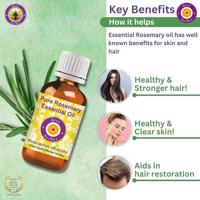 Deve Herbes Pure Rosemary Essential Oil (Rosmarinus officinalis) Steam Distilled 100ml (3.38 oz)