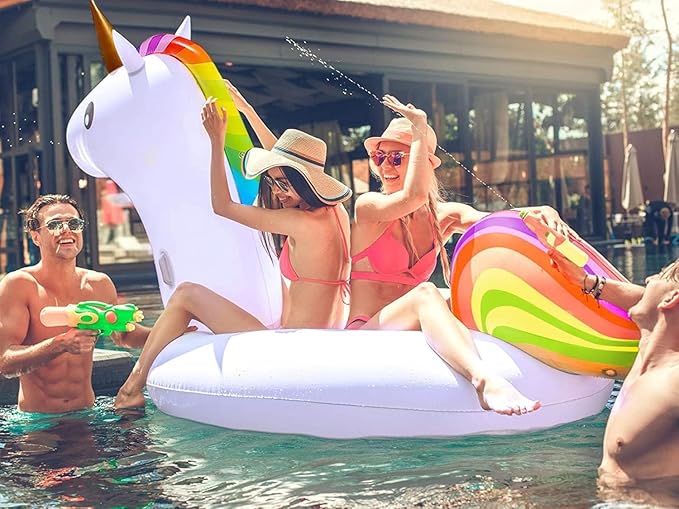 TURNMEON 102" Giant Unicorn Pool Float Inflatable Summer Beach Float Swimming Pool Party Toys Ride-on Lounge Raft Water Pool Floatie for 2-4 Multi Players Adults Lake Floats, Flamingo/Unicorn