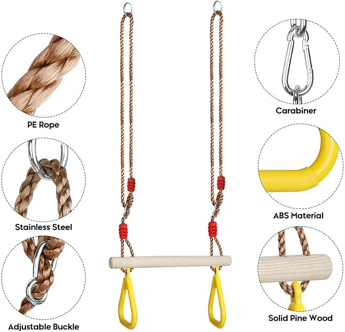 Trapeze Swing Bar with Rings, Wooden Trapeze Swing Bar with Plastic Gym Rings Adjustable Rope, Locking Straps, Outdoor Swing Set Playground Accessories for Kids (Yellow)