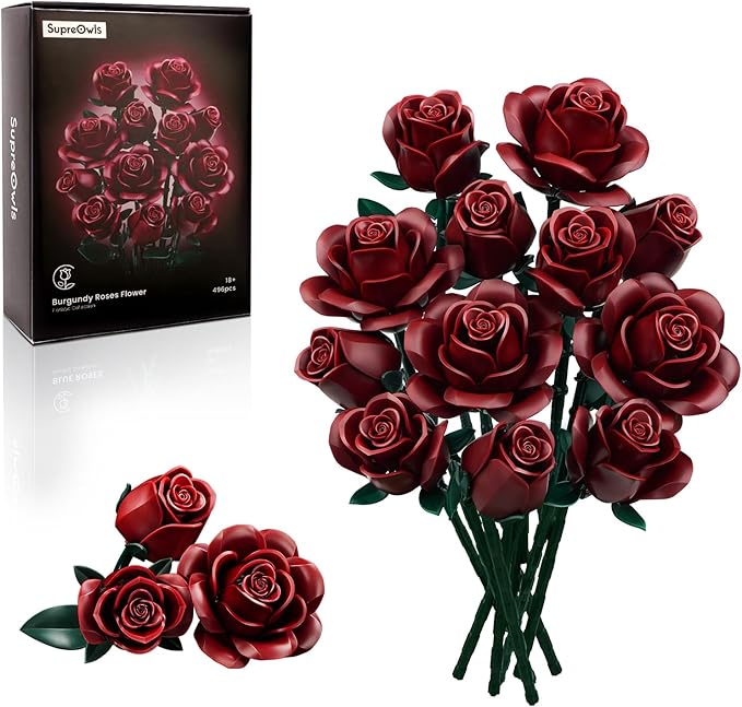 iATOM Burgundy Red Rose Bouquet Building Set, Compatible with Lego Flowers for Adults Women, Botanical Collection Gift for Halloween & Valentines - Artificial Plant Gothic Home Decor - 11016