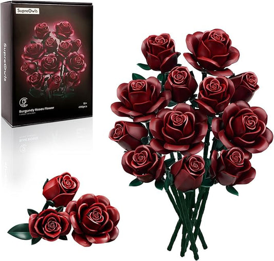 iATOM Burgundy Red Rose Bouquet Building Set, Compatible with Lego Flowers for Adults Women, Botanical Collection Gift for Halloween & Valentines - Artificial Plant Gothic Home Decor - 11016