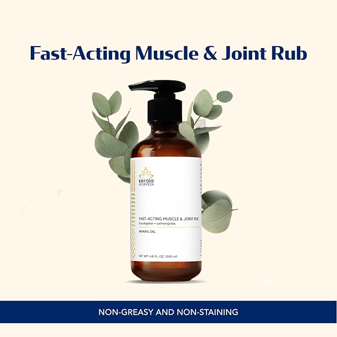 Kerala Ayurveda Myaxyl Herbal Body Oil | Fast-Absorbing for Joint & Muscle Support with Eucalyptus, Himalayan Cedar & Lemongrass | Drug-Free Topical Oil for Knees, Back & Shoulders | 6.76 fl oz