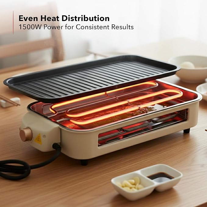 OVENTE 2-in-1 Electric Indoor Grill Non-Stick Cooking Plate, Beige BQR1502B | 1500W Smokeless Korean BBQ Griddle with, 3 Raclette Cheese Pans, Adjustable Temperature Control, Dishwasher Safe