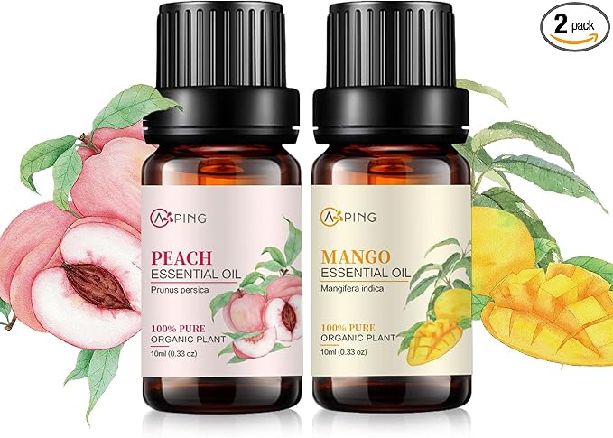Peach & Mango Essential Oils - 100% Pure Organic Natural Plant Oils for Diffuser, Aroma, Spa, Massage, Yoga, Perfume, 2x10ML