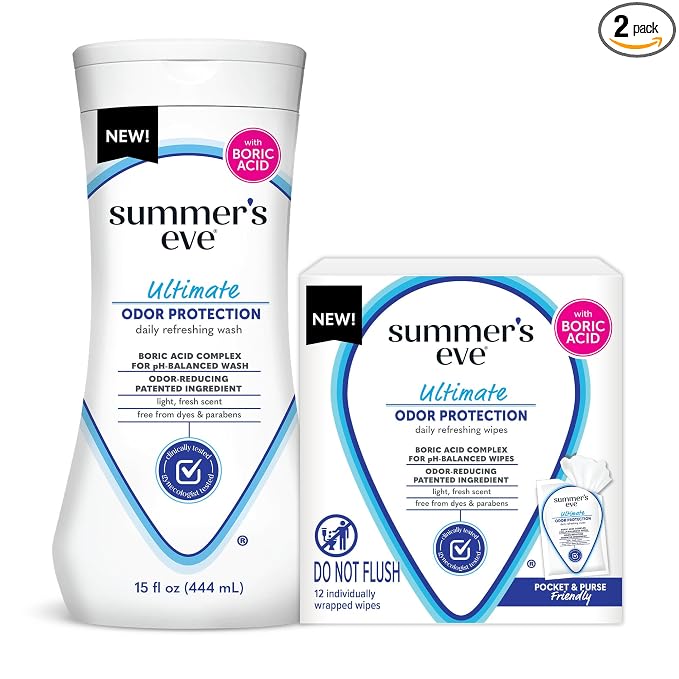 Summer's Eve Feminine Wash 15 Fl Oz & Wipes 12 ct Bundle with Boric Acid Complex, Clinically Tested pH Balanced Vaginal Odor Control