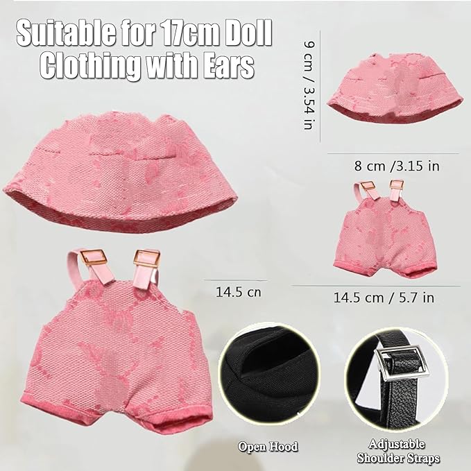 Clothes for la(NO Doll)-Hat & Overalls Set for labu Clothes 15cm/17cm Doll Accessories Suit for Dress Up, Play & Collector Display(Pink Overalls)