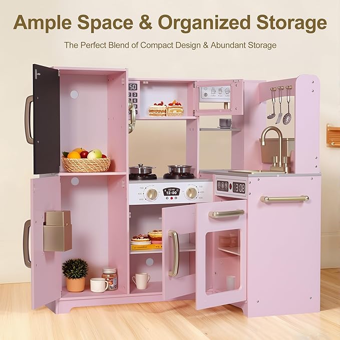 Play Corner Kitchen, Ultimate Interactive Wooden Kids Playset with Light, Light, Montessori Pretend Play Toys, Kids Cooking Playset for Girls & Boys Ages 3+(Pink)