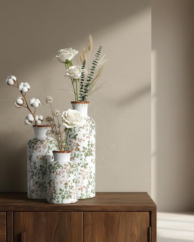 Brown and Green Ceramic Vase Set of 3, Vintage Botanical Vases for Decor | Crackle glaze and distressed rims for Tuscan living rooms, mantels and dining table centerpieces