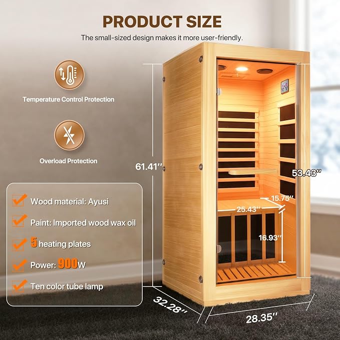Far Infrared Sauna Home Sauna Room Indoor 1 Person Sauna Wood Saunas 900W 120V with Red Light Bluetooth Speakers 28.35"x32.28"x61.42"