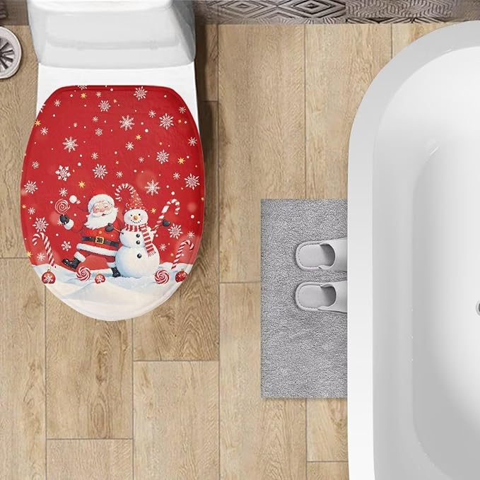 Toilet Seat Cover, Soft and Comfortable Flannel Seat Cover, Elastic Band at the Bottom Toilet Lid Cover-Christmas Snowman Print