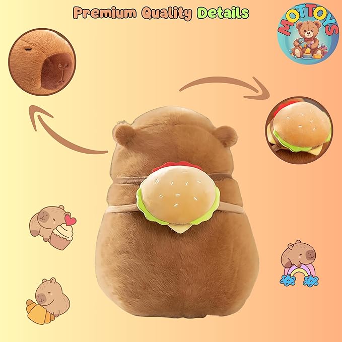 Cute Capybara Plush - 8 inch Stuffed Animal Plushies - Children's Toy with Turtle Backpack - Soft Pillow for Home Decorations - Hugging Figures for Boys and Girls (Capybara with Hamburger)