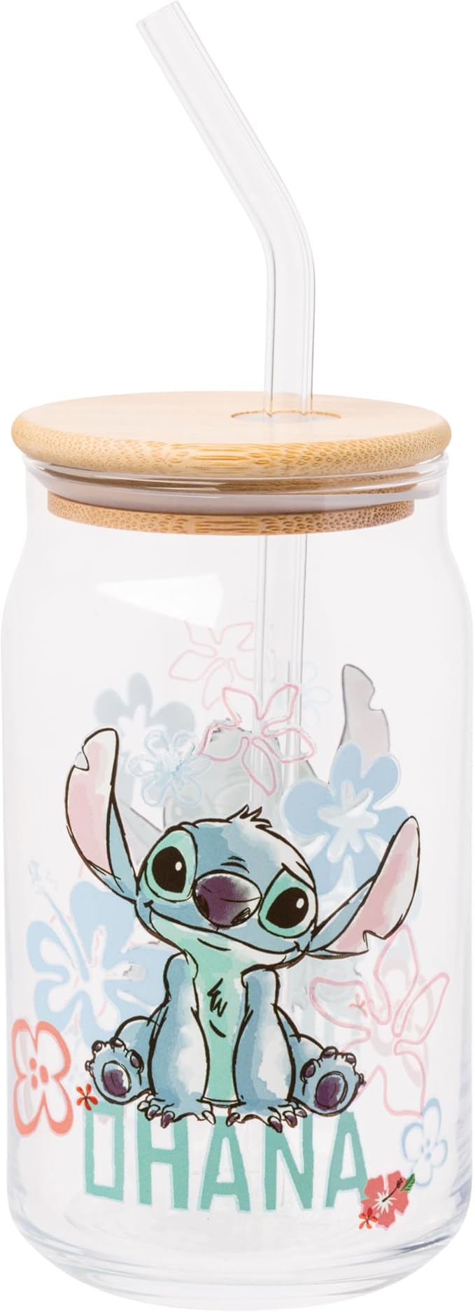 Silver Buffalo Disney Lilo and Stitch Ohana Floral Glass Jar Tumbler with Bamboo Lid and Glass Straw, 16 Ounces (Pack of 12)