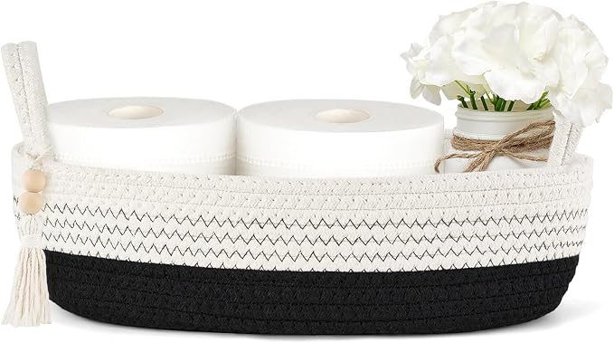 Mkono Toilet Paper Basket, Boho Bathroom Decor, Small Storage Organizer | Black and White, 13"L x 6"W, Back of Toilet Basket, Decorative Woven Tray with Handles, Space-Saving, Living Room Bedroom
