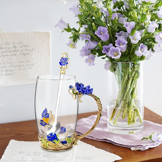 OEAGO Gifts for Mom Women Mothers Day Glass Coffee Enamels Mug Best Birthday Butterfly Rose Gifts for Her from Daughter Son Lead-Free Christmas Blue Tea Cup with Spoon Set