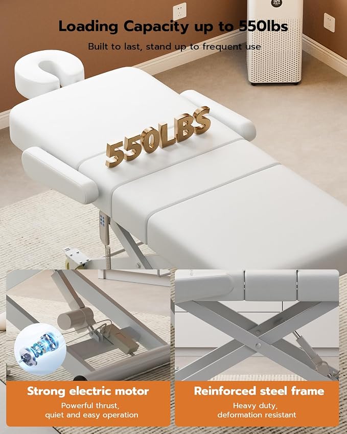 Paddie 3 Motor Fully Electric Massage Table Professional with Face Cradle, Customized Angle Folding, 550lbs Height Adjustable with Rolling Wheels, White