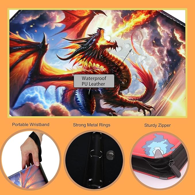 Trading Card Binder, 4-Pocket Card Album Holds 400 Cards, PU Leather Zippered Card Organizer with Wrist Strap, Portable TCG Sports Game Card Storage Case（Fire Dragon）