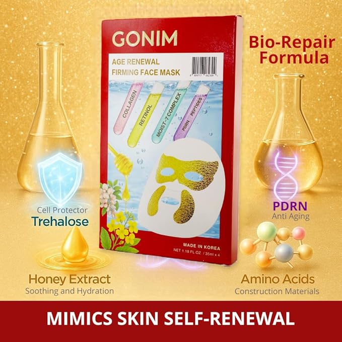 GONIM Korean Face Mask with Integrated Eye Mask Under Eye Patches - PDRN, Collagen Facial Mask, Retinol & Caffeine, Hydrating Face Masks Skincare Gifts for Women Anti Aging Skin Care 1.18ozx4