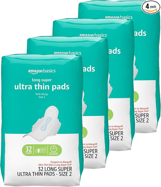 Amazon Basics Ultra Thin Pads with Flexi-Wings for Periods, Long Length, Super Absorbency, Unscented, Size 2, 128 Count, 4 Packs of 32