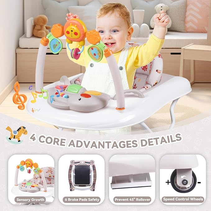 Baby Walker, 5 in 1 Baby Walkers for Boys Girls 6-12 Months, Foldable Walkers for Babies with Bouncer & Feeding Tray, Music, Adjustable Heights, Activity Walker for Infant