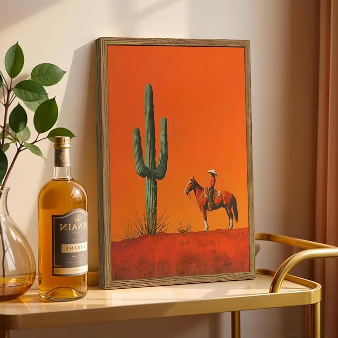 Framed Western Cowboy Canvas Wall Art Set of 3, Vintage Desert Cactus Pictures Wall Decor, Longhorn Bull Skull Paintings Prints Southwestern Home Decor for Living Room Bedroom 12x16 inch