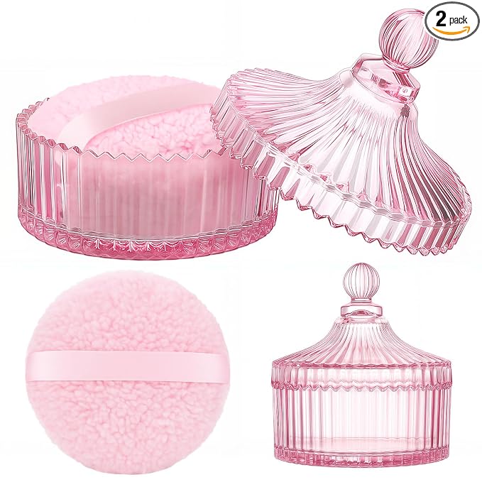 Extra Large Body Powder Puff and Container, 5.5'' Crystal Container with 5.3'' Oversize Dust Powder Puff Washable Reusable Face Body Glitter Wet Dry Makeup Gift(Pink)
