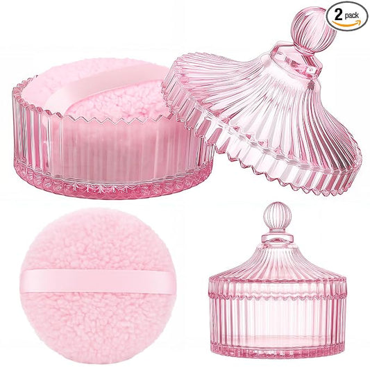 Extra Large Body Powder Puff and Container, 5.5'' Crystal Container with 5.3'' Oversize Dust Powder Puff Washable Reusable Face Body Glitter Wet Dry Makeup Gift(Pink)