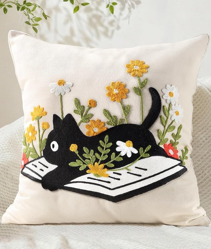 Animal Embroidered Throw Pillow Cover 20x20 Inch, Cat Floral | Decorative Pillow Cover, Farmhouse Cushion Cases with Hidden Zipper, Cottagecore Decor for Couch, Sofa, Living Room