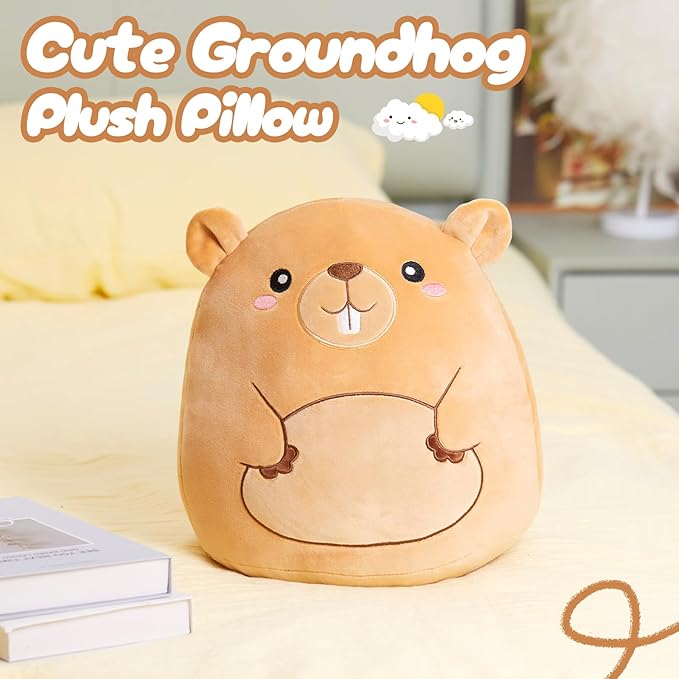 Athionsu 12-Inch Groundhog Plush Pillow Cute Stuffed Animal Cushion for Toddler Kids and Boys, Soft and Squishy Groundhog Plush Toy Pillow forRoom Decor