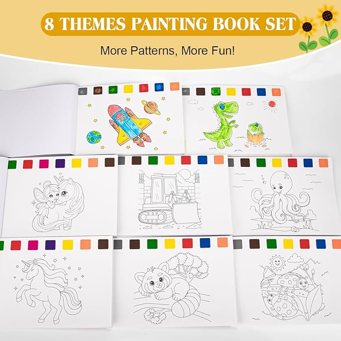 8 Pack Coloring Books Party Favors for Kids, 8 Theme Water Coloring Books Paint Sets for Kids, Art Craft Coloring Gift with Brush Classroom Prizes Return Gifts for Birthday